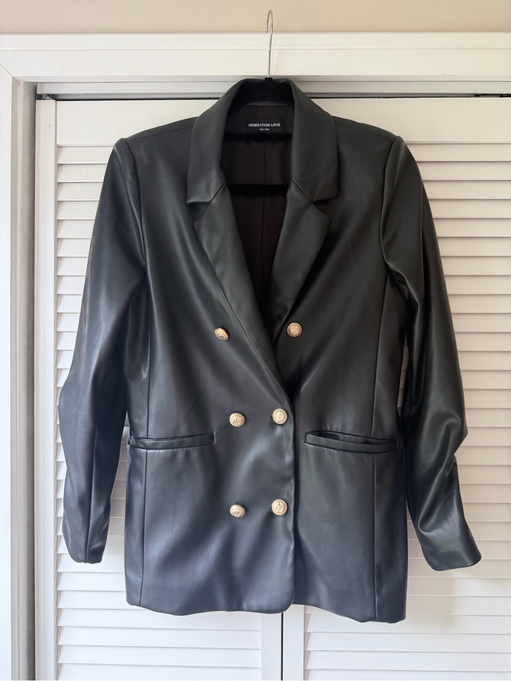 Generation Love Black Faux Leather Double-Breasted Blazer with Gold Buttons